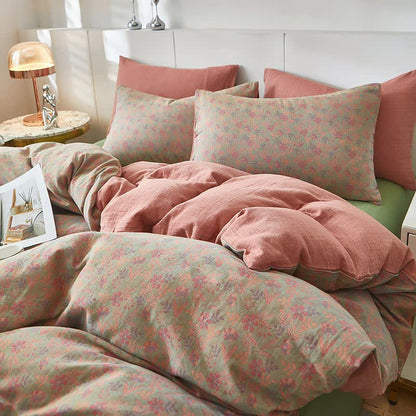 Biancheria da letto in cotone a doppia garza con motivo floreale e foglia Cottage - Rosa - Copripiumino - Matrimoniale Grande - image 0
