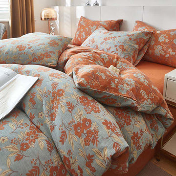 Biancheria da letto in doppia garza di cotone floreale arancione - Arancia - Copripiumino - Matrimoniale Grande - image 0