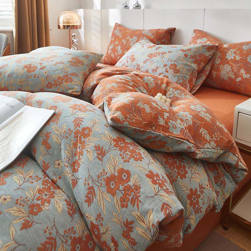 Biancheria da letto in doppia garza di cotone floreale arancione - Arancia - Copripiumino - Matrimoniale Grande - image 0