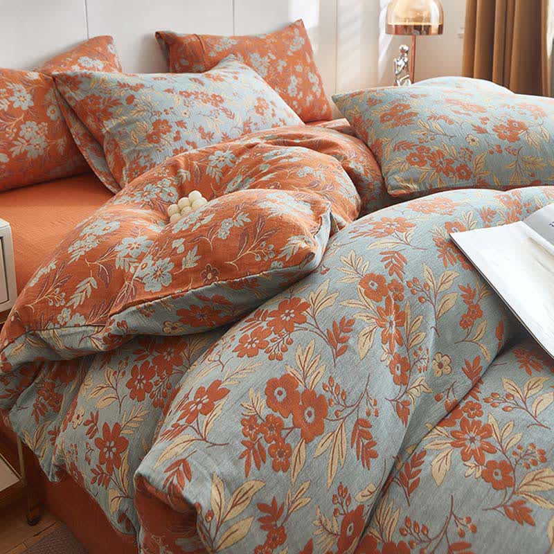 Biancheria da letto in doppia garza di cotone floreale arancione - image 3