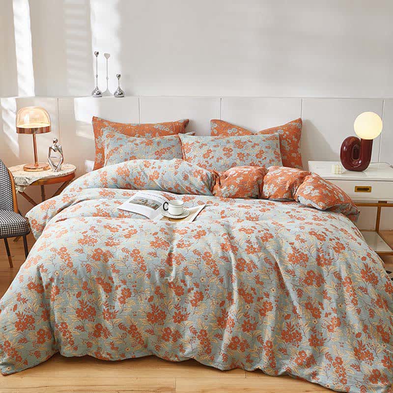 Biancheria da letto in doppia garza di cotone floreale arancione - image 1
