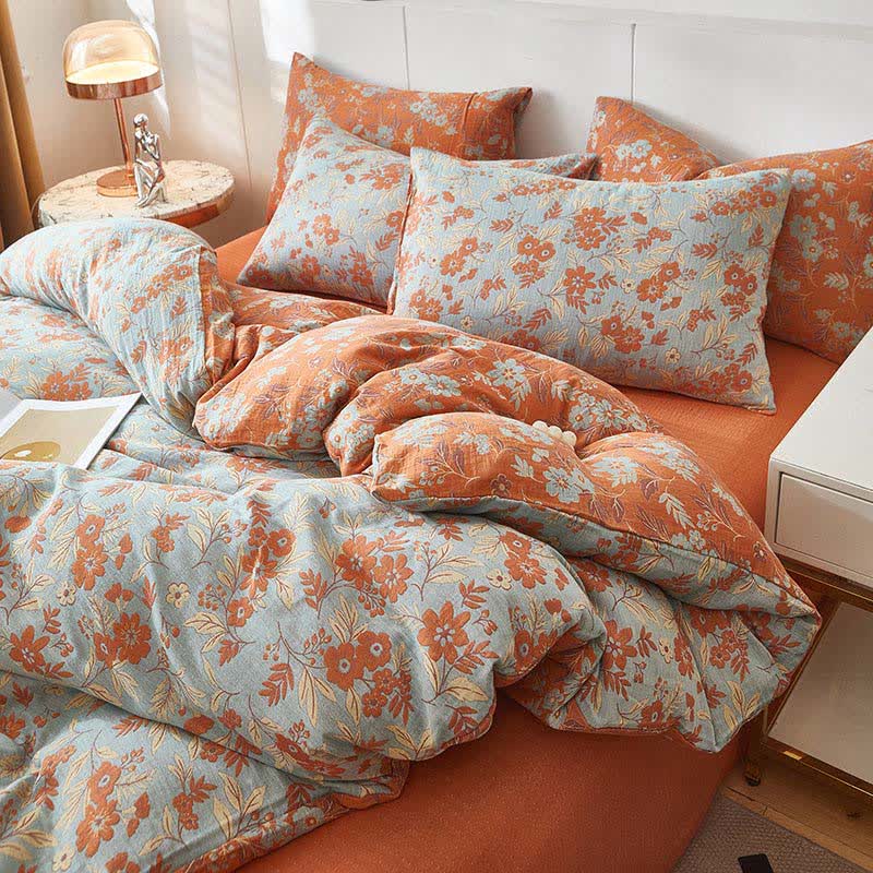 Biancheria da letto in doppia garza di cotone floreale arancione - image 5