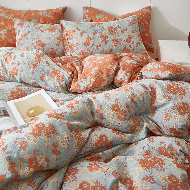 Biancheria da letto in doppia garza di cotone floreale arancione - image 4