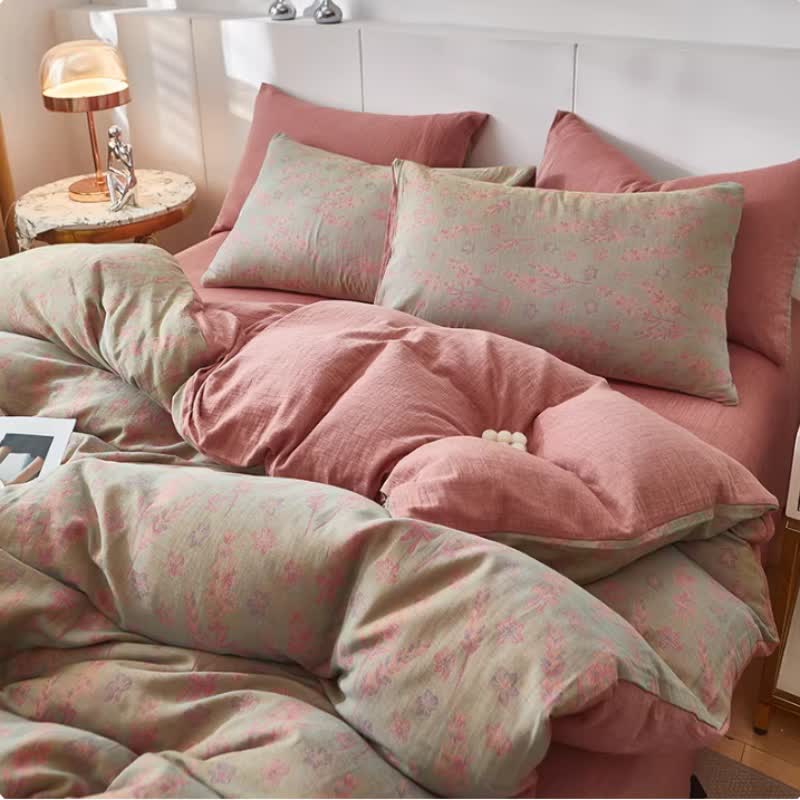 Biancheria da letto in doppia garza di cotone lavanda e floreale - Rosa - Copripiumino - Matrimoniale Grande - image 4