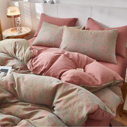Biancheria da letto in doppia garza di cotone lavanda e floreale - Rosa - Copripiumino - Matrimoniale Grande - image 4