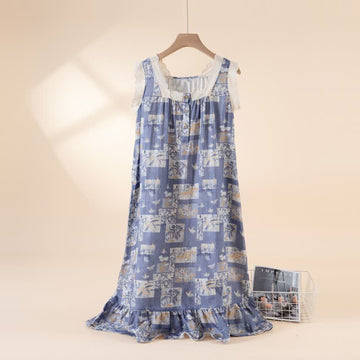 Camicia da notte senza maniche in cotone con motivo floreale a farfalla Cottage - Blu - XL - image 0