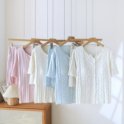 Pigiama in jacquard di cotone con motivo floreale pastorale - image 0