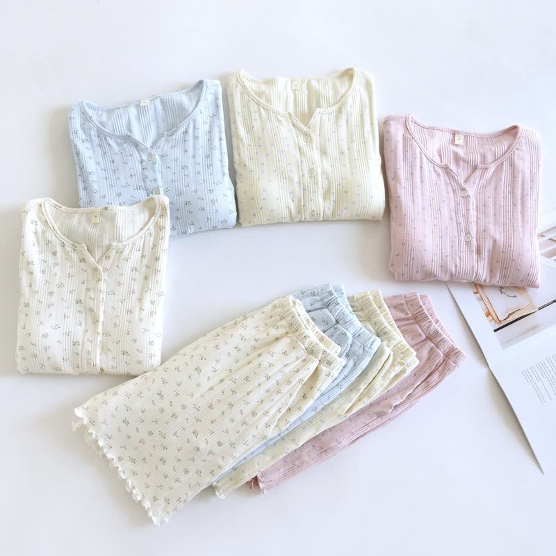 Pigiama in jacquard di cotone con motivo floreale pastorale - image 2
