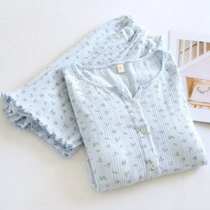 Pigiama in jacquard di cotone con motivo floreale pastorale - Blu - XL - image 9