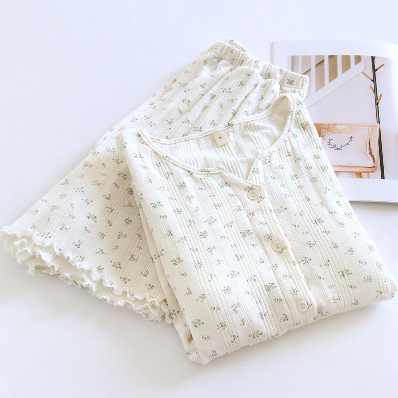 Pigiama in jacquard di cotone con motivo floreale pastorale - Beige e verde - XL - image 12