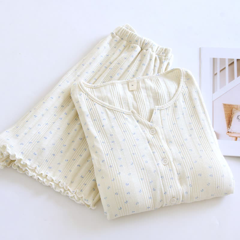 Pigiama in jacquard di cotone con motivo floreale pastorale - Beige e blu - XL - image 8