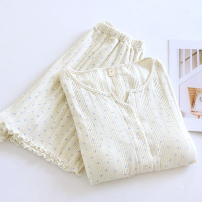 Pigiama in jacquard di cotone con motivo floreale pastorale - Beige e blu - XL - image 8