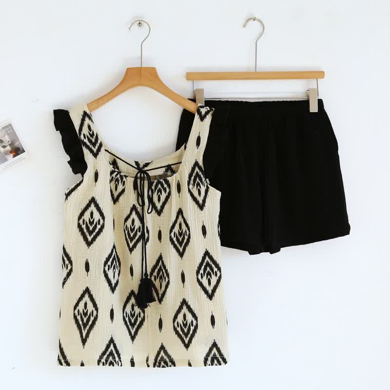 Set pigiama boho in garza di cotone con maniche a volant - Beige - XL - image 0