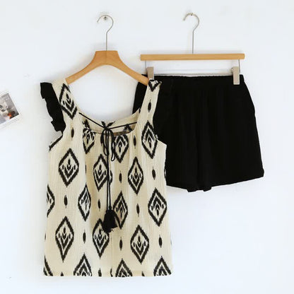 Set pigiama boho in garza di cotone con maniche a volant - Beige - XL - image 0
