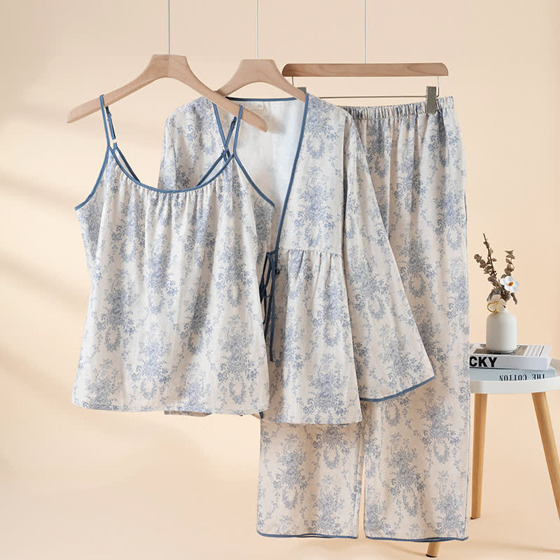 Completo da casa in cotone con stampa botanica (3 pezzi) - Blu - XL - image 1