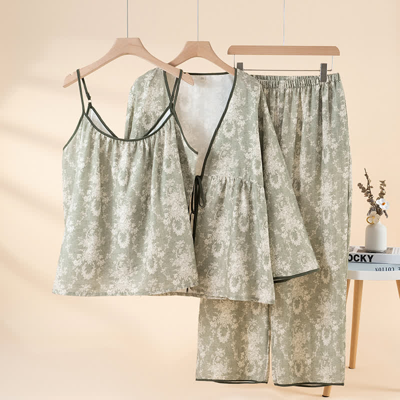 Completo da casa in cotone con stampa botanica (3 pezzi) - Verde - XL - image 2
