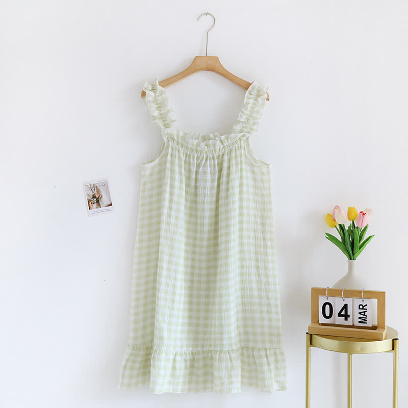 Camicia da notte a quadri in cotone con volant - Verde - XL - image 9