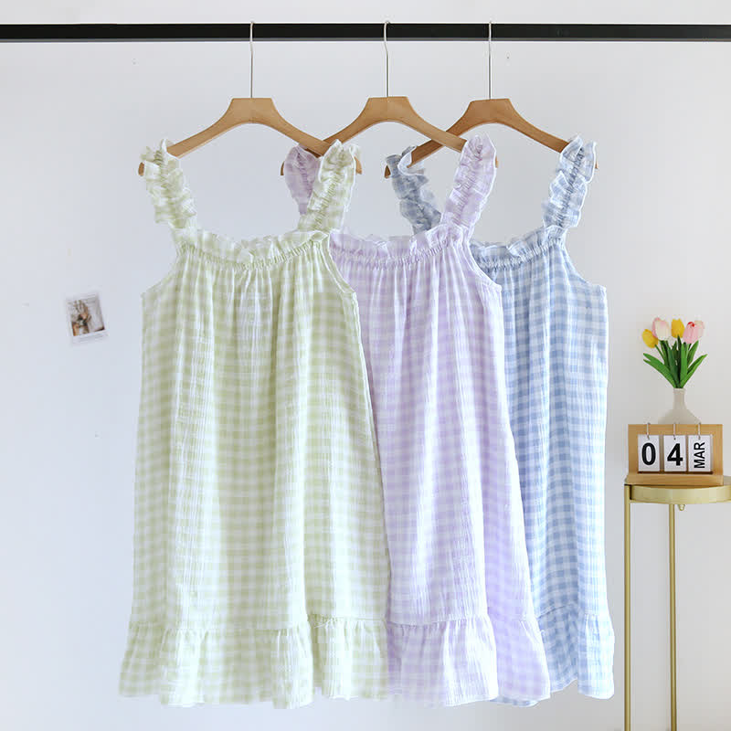 Camicia da notte a quadri in cotone con volant - image 1