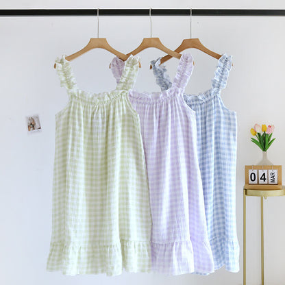 Camicia da notte a quadri in cotone con volant - image 1