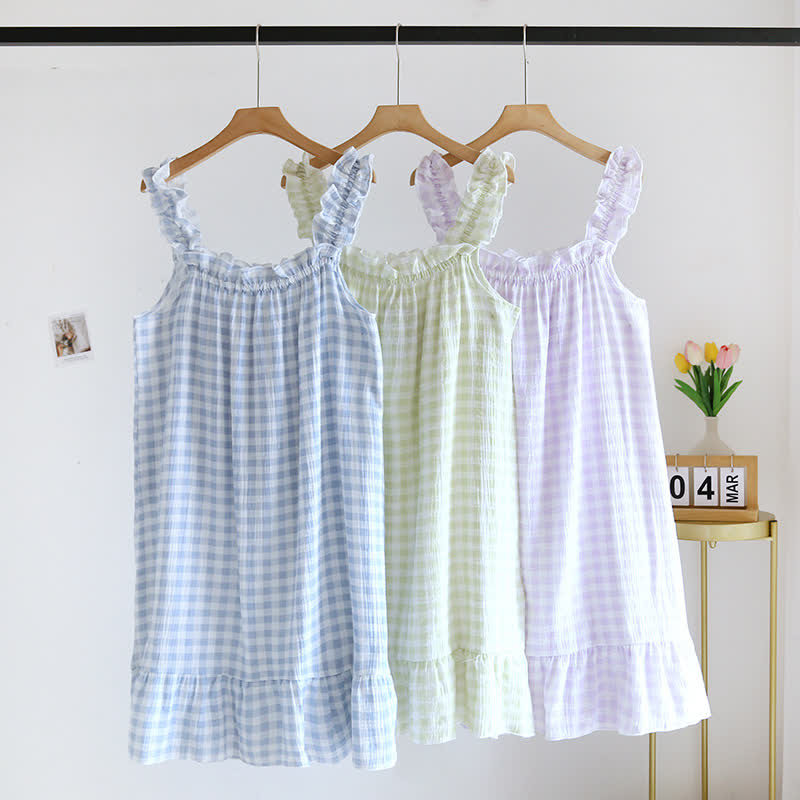 Camicia da notte a quadri in cotone con volant - image 0
