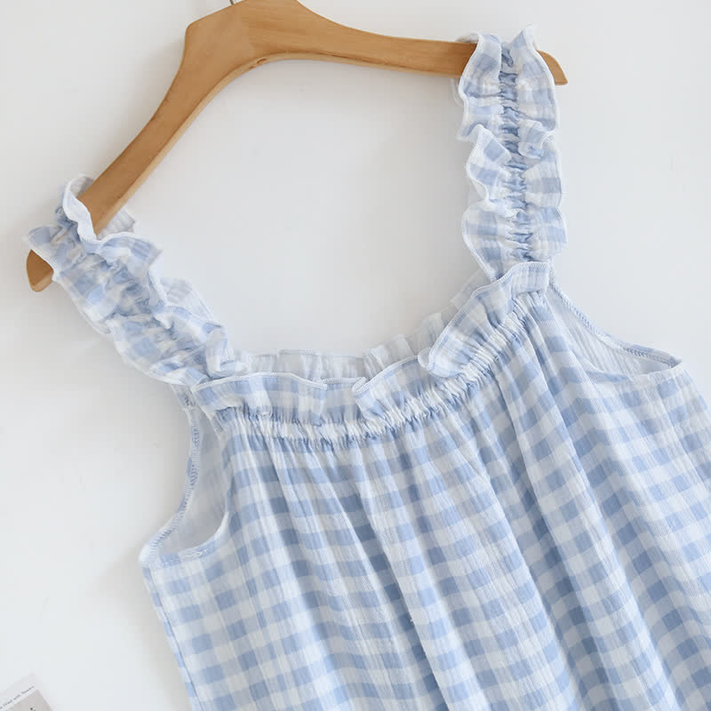 Camicia da notte a quadri in cotone con volant - image 4