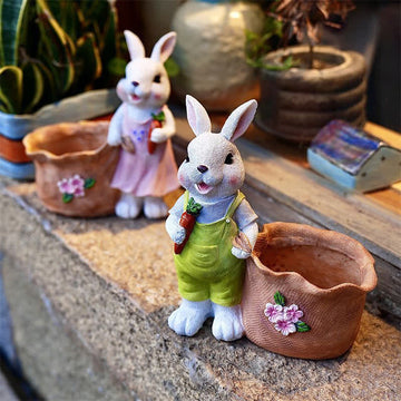 Vaso per piante grasse in resina Bunny Garden - Set (1 coniglio bianco femmina e 1 coniglio bianco maschio) - 2 pezzi - 20cm - image 0