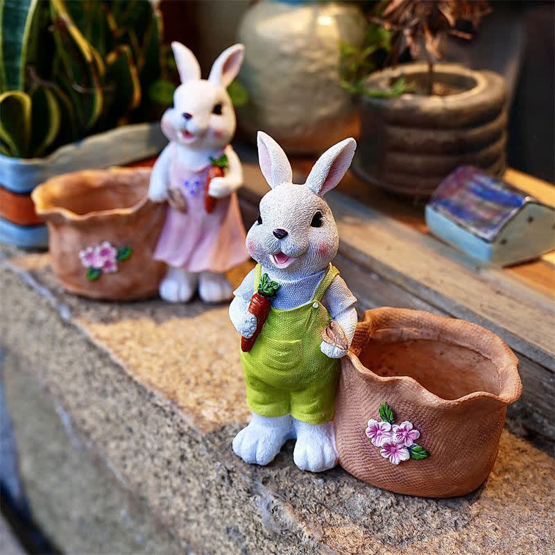 Vaso per piante grasse in resina Bunny Garden - Set (1 coniglio bianco femmina e 1 coniglio bianco maschio) - 2 pezzi - 20cm - image 0