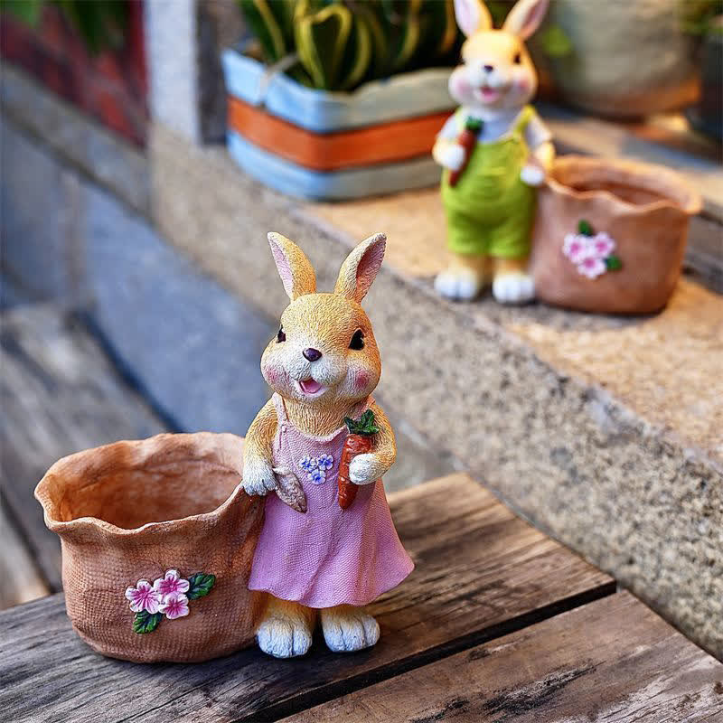 Vaso per piante grasse in resina Bunny Garden - Set (1 coniglio giallo femmina e 1 coniglio giallo maschio) - 2 pezzi - 20cm - image 1
