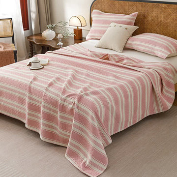 Coperta trapuntata minimalista in garza di cotone a righe - Rosa - Trapunta con 2 cuscini e asciugamani - Matrimoniale Grande - image 0
