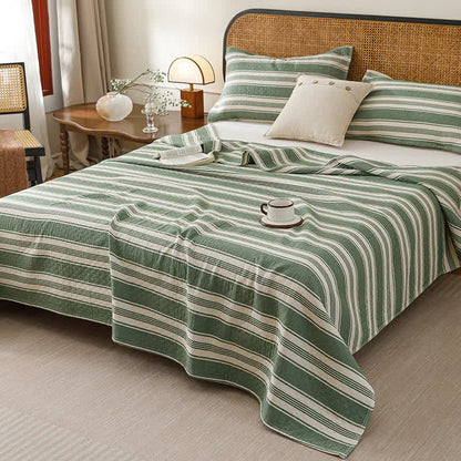 Coperta trapuntata minimalista in garza di cotone a righe - Verde - Trapunta con 2 cuscini e asciugamani - Matrimoniale Grande - image 8