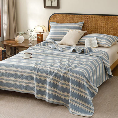 Coperta trapuntata minimalista in garza di cotone a righe - Blu - Trapunta con 2 cuscini e asciugamani - Matrimoniale Grande - image 7
