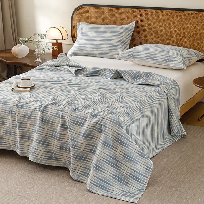 Coperta trapuntata in garza di cotone con onda curva - Blu - Trapunta con 2 cuscini e asciugamani - Matrimoniale Grande - image 4