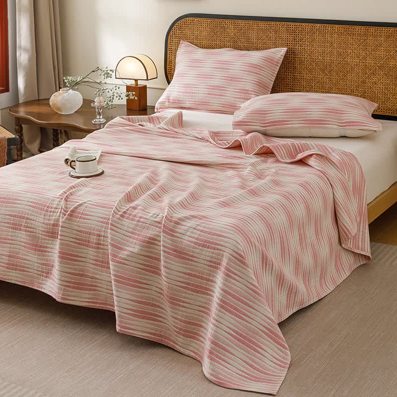 Coperta trapuntata in garza di cotone con onda curva - Rosa - Trapunta con 2 cuscini e asciugamani - Matrimoniale Grande - image 0