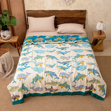 Coperta trapuntata in cotone con motivo balena e delfino dell'oceano - Matrimoniale Grande - image 0