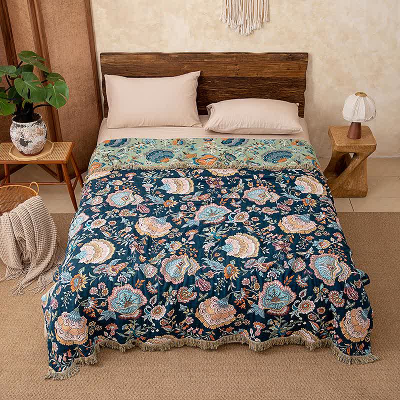 Coperta trapuntata in cotone con nappe floreali boho - image 1