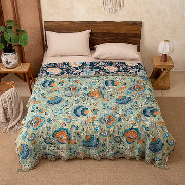 Coperta trapuntata in cotone con nappe floreali boho - Matrimoniale Grande - image 0