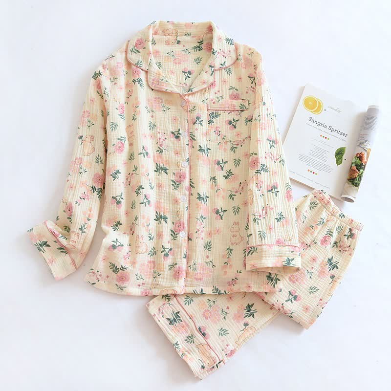 Pigiama in garza di cotone con motivo floreale e coniglietto rosa - Beige - XL - image 0
