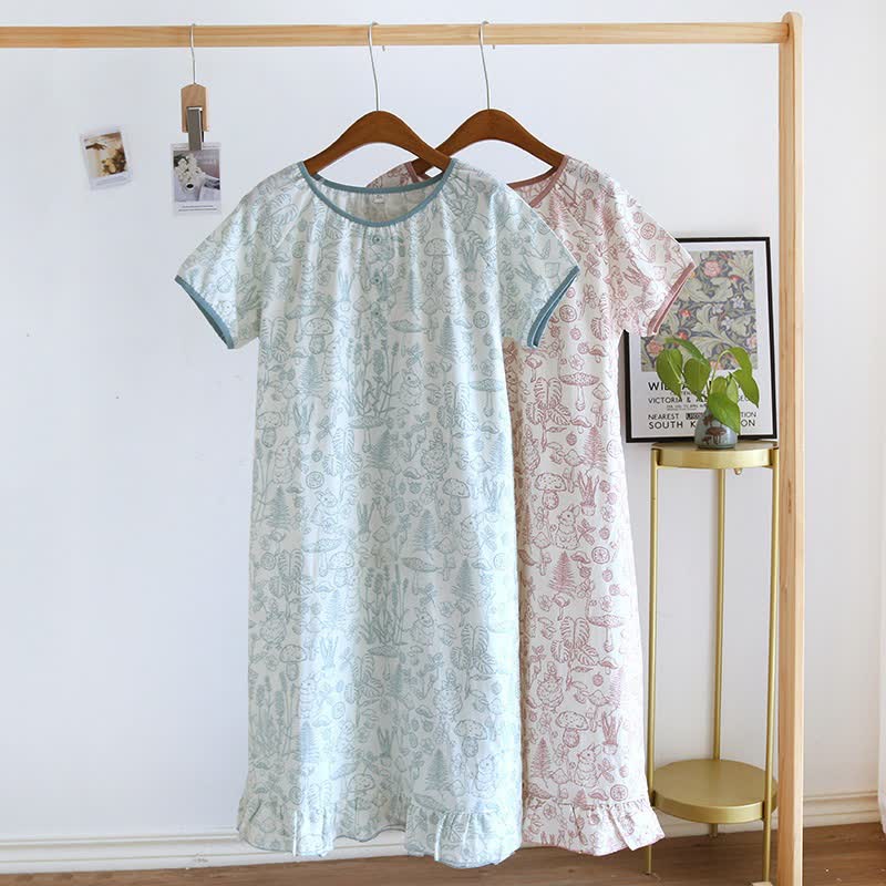 Camicia da notte rustica in cotone con funghi e coniglietti - image 1