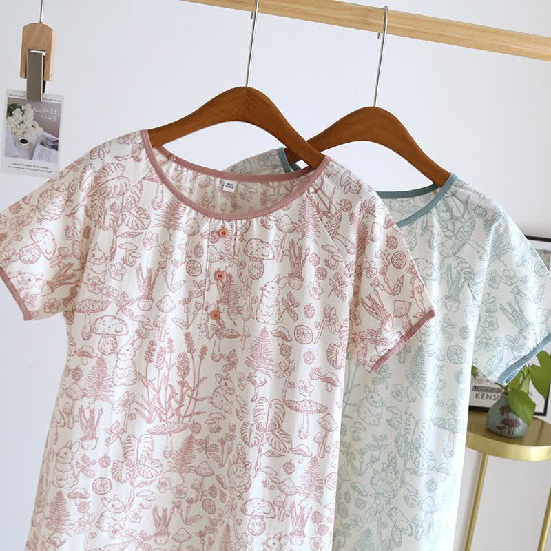 Camicia da notte rustica in cotone con funghi e coniglietti - image 2