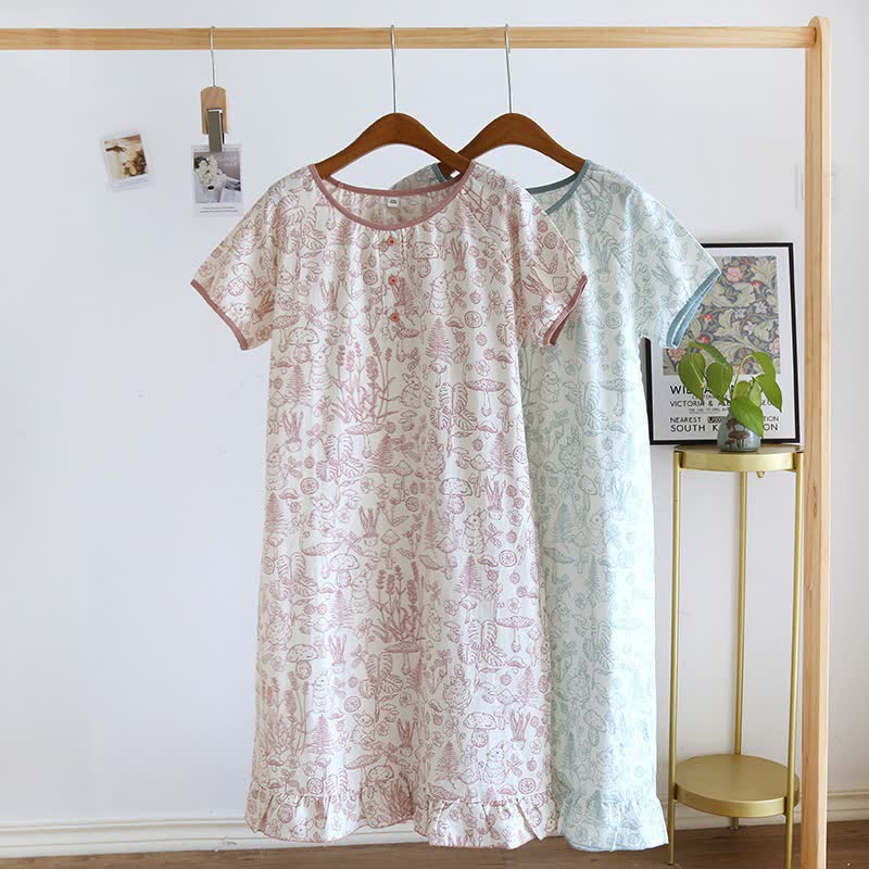 Camicia da notte rustica in cotone con funghi e coniglietti - image 0