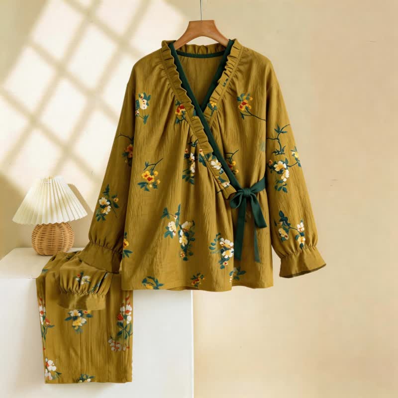 Pigiama verde con collo arricciato e stampa floreale - Verde - XL - image 0