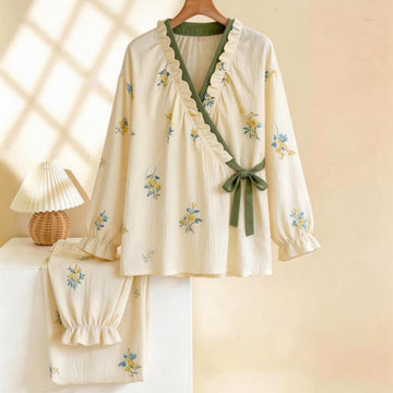 Pigiama con stampa floreale botanica e collo arricciato - Beige - XL - image 0