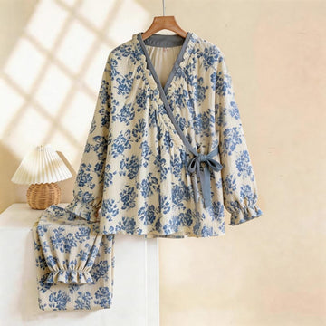 Pigiama blu con collo arricciato e stampa floreale - Beige e blu - XL - image 0