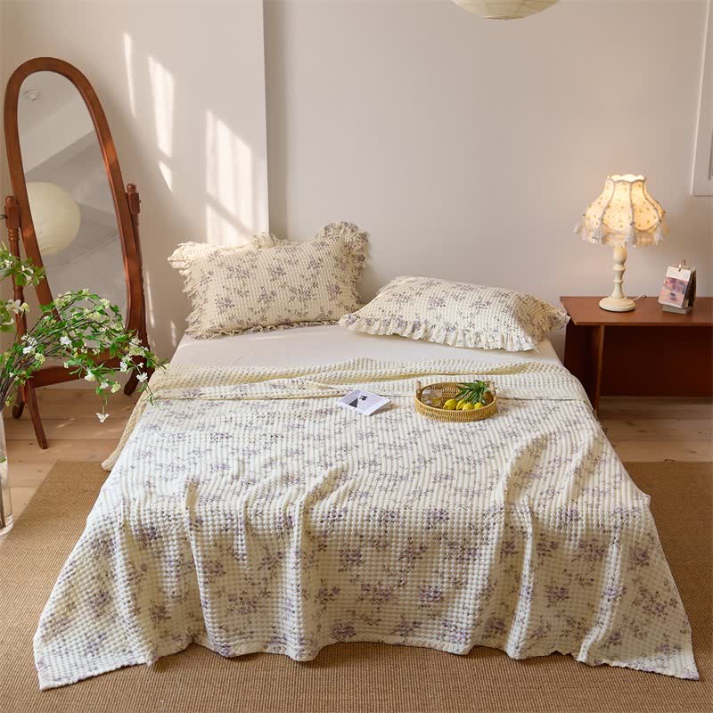 Coperta trapuntata in garza di cotone floreale con trama a nido d'ape - Viola - 2 federe - 52cm x 75cm - image 14