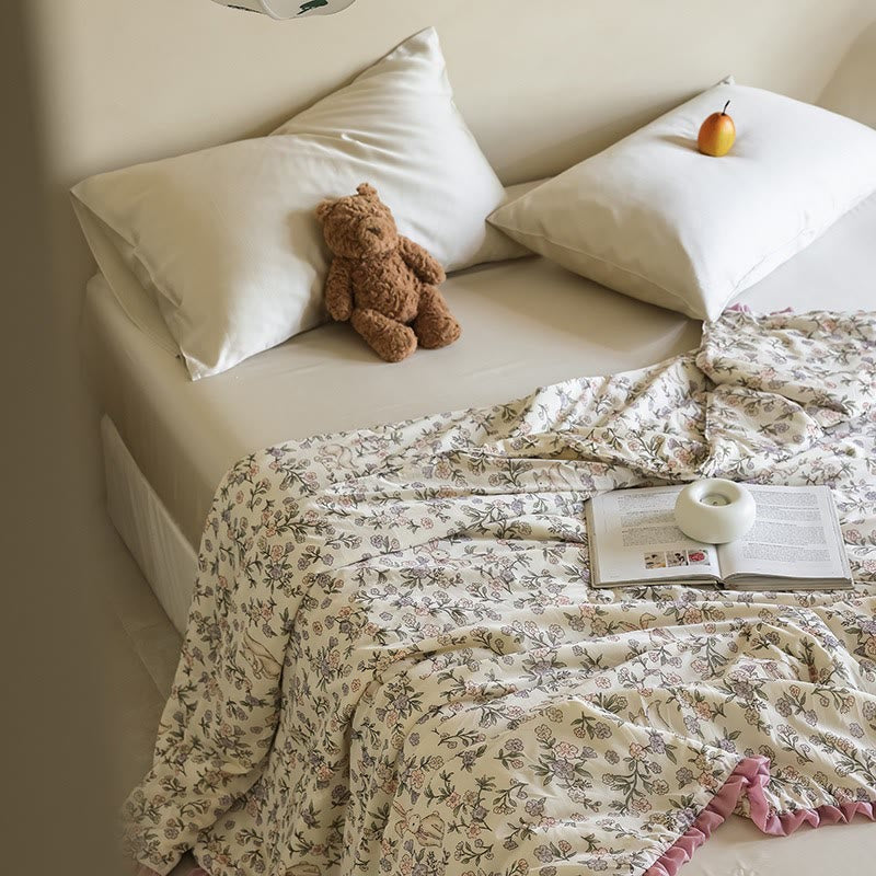 Trapunta estiva rustica con volant floreali e coniglietto - Beige - Matrimoniale - image 0