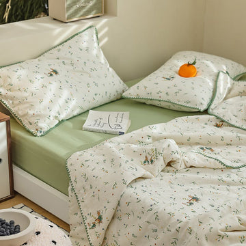 Biancheria da letto in garza di cotone Botanical Leaf & Bunny - Verde e beige - Set di biancheria da letto (4 pezzi) - Matrimoniale - image 0