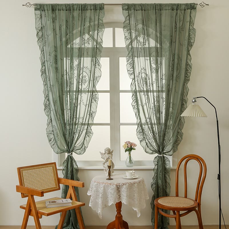 Tenda trasparente in pizzo cottage con volant - Verde - 140cm x 260cm - image 0