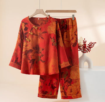 Lussuoso pigiama in puro cotone con motivo peonia - Rosso - XL - image 0