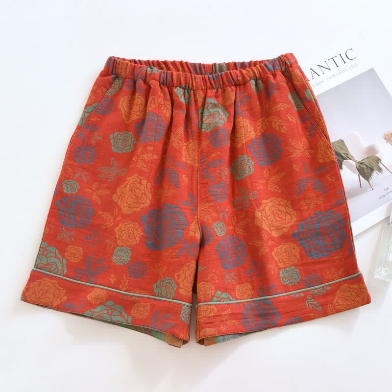 Pantaloncini da pigiama in garza di cotone con motivo a rose romantiche - Rosso - 2 pezzi - XL - image 1