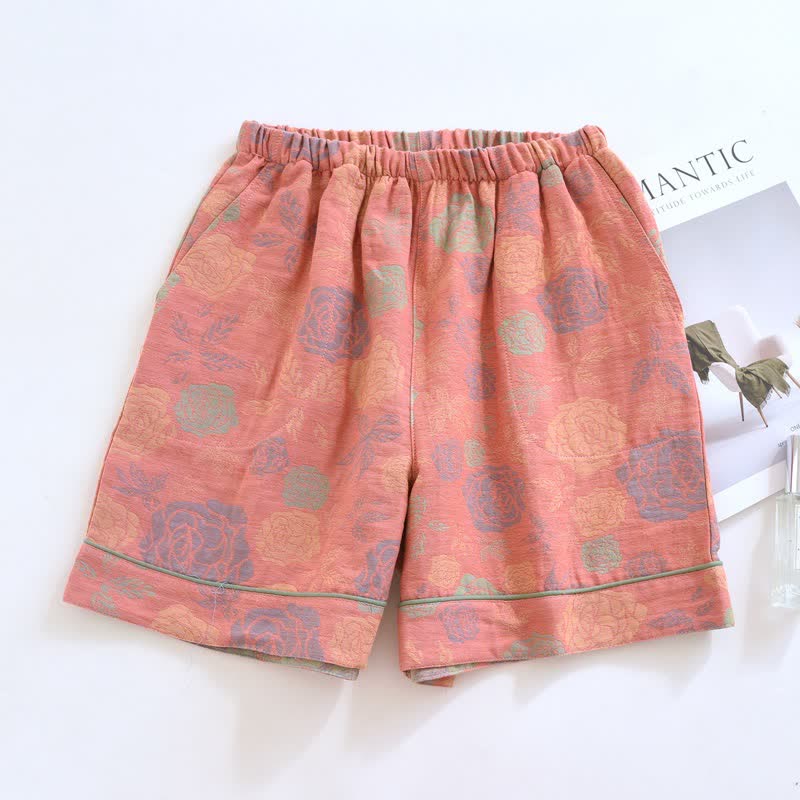Pantaloncini da pigiama in garza di cotone con motivo a rose romantiche - Rosa - 2 pezzi - XL - image 0